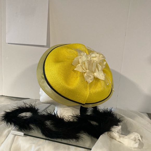 Midnight Navy Blue, + Yellow Asymmetrical Pillbox w/Yellow ribbon stripes, Hat - Picture 3 of 3